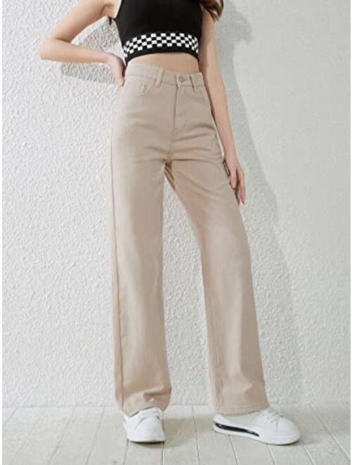 SweatyRocks Girl's High Waisted Solid Straight Leg Jeans Casual Loose Denim Pants