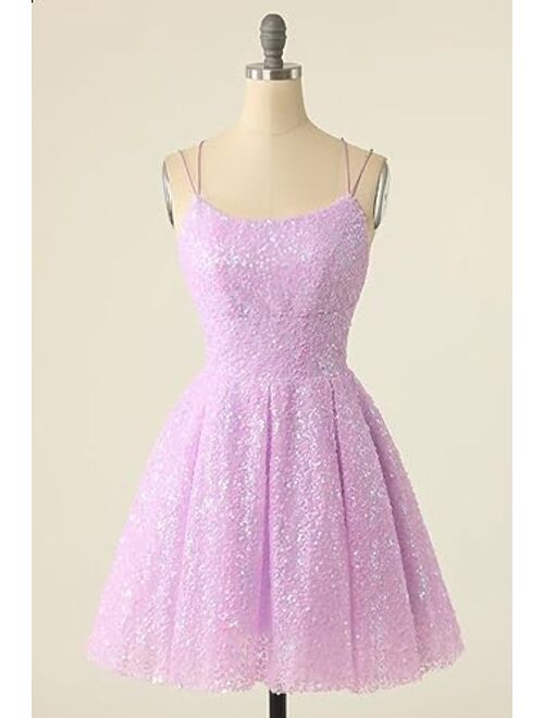Teplpce Sequin Homecoming Dresses for Teens Sparkly Spaghetti Straps Backless Short Prom Dresses 2023