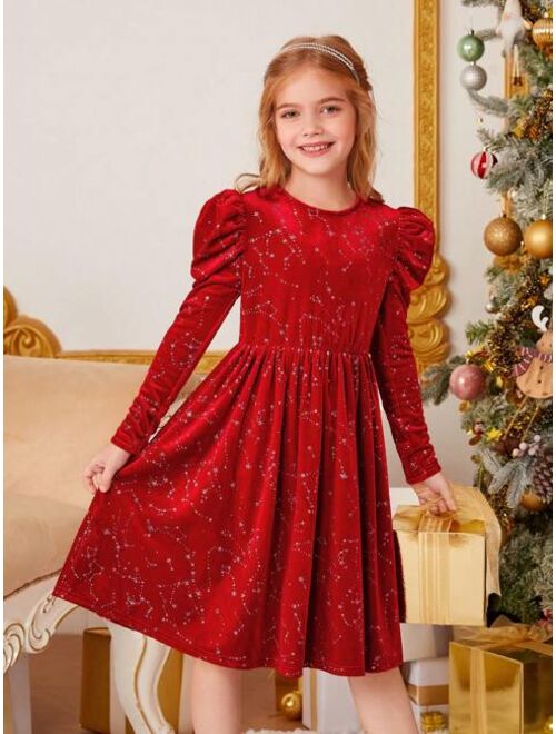 SHEIN Tween Girl 1pc Star Pattern Gigot Sleeve Velvet Dress for Christmas