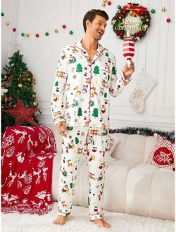 Men Christmas Print Contrast Binding Tee & Pants PJ Set