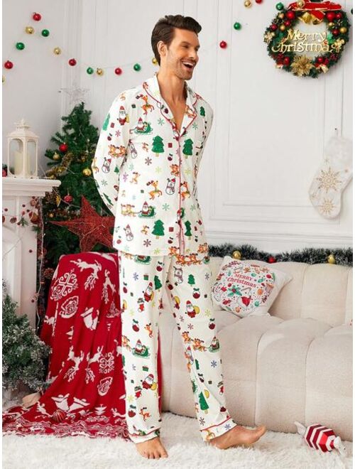 Shein Men Christmas Print Contrast Binding Tee & Pants PJ Set