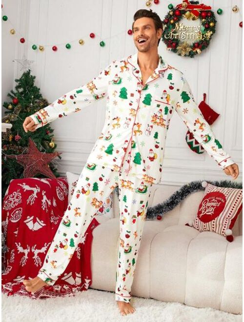 Shein Men Christmas Print Contrast Binding Tee & Pants PJ Set
