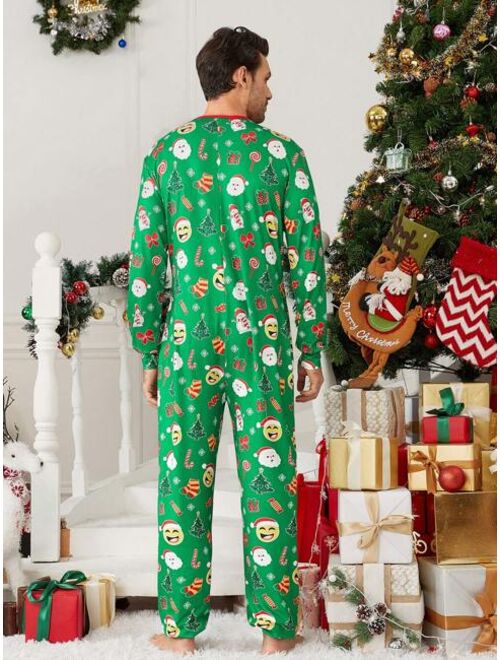 Shein Men 1pc Christmas Print Contrast Binding Button Front Sleep Jumpsuit for Christmas