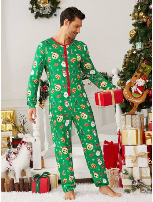 Shein Men 1pc Christmas Print Contrast Binding Button Front Sleep Jumpsuit for Christmas