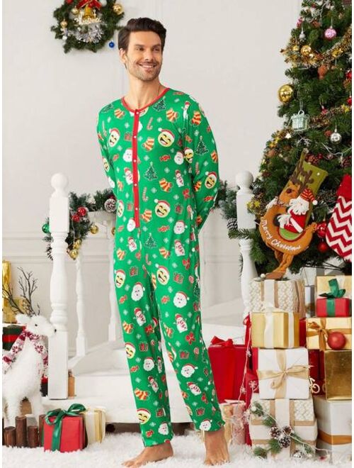 Shein Men 1pc Christmas Print Contrast Binding Button Front Sleep Jumpsuit for Christmas