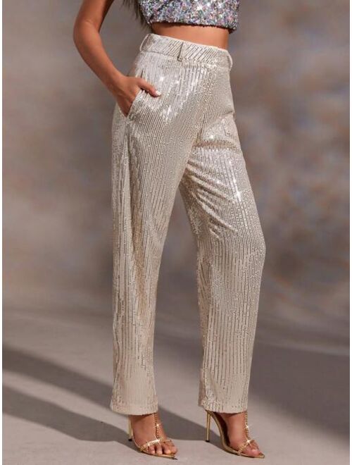 SHEIN BAE Sequin Slant Pocket Suit Sequin Pants