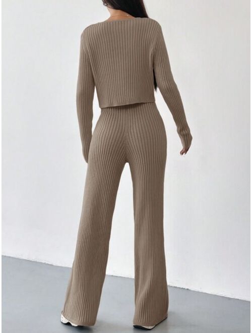 SHEIN EZwear Ribbed Knit Cardigan & Knit Pants