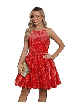 SMORBRID Spaghetti Straps Sparkly Sequin Homecoming Dresses for Teens Short Prom Cocktail Party Gowns with Pockets