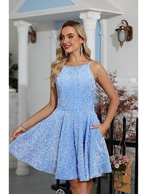 SMORBRID Spaghetti Straps Sparkly Sequin Homecoming Dresses for Teens Short Prom Cocktail Party Gowns with Pockets