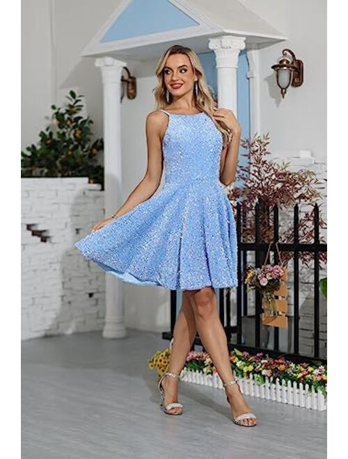 SMORBRID Spaghetti Straps Sparkly Sequin Homecoming Dresses for Teens Short Prom Cocktail Party Gowns with Pockets