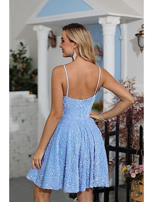 SMORBRID Spaghetti Straps Sparkly Sequin Homecoming Dresses for Teens Short Prom Cocktail Party Gowns with Pockets