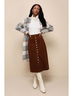 Seasonal Feelings Brown Corduroy Button-Front Midi Skirt