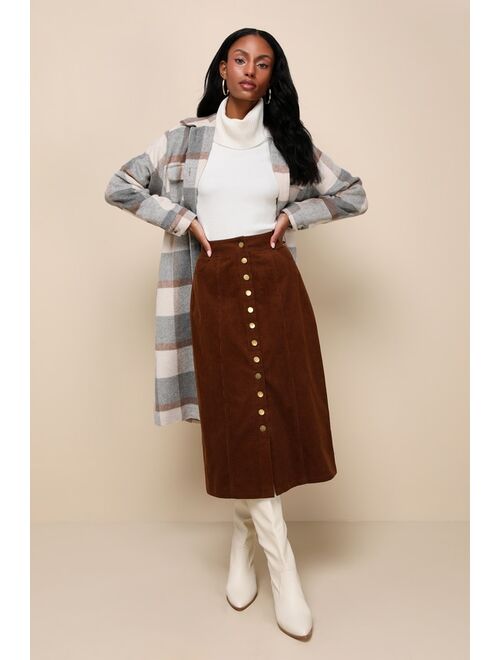 Lulus Seasonal Feelings Brown Corduroy Button-Front Midi Skirt