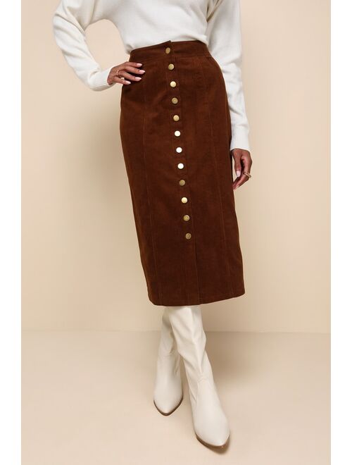 Lulus Seasonal Feelings Brown Corduroy Button-Front Midi Skirt