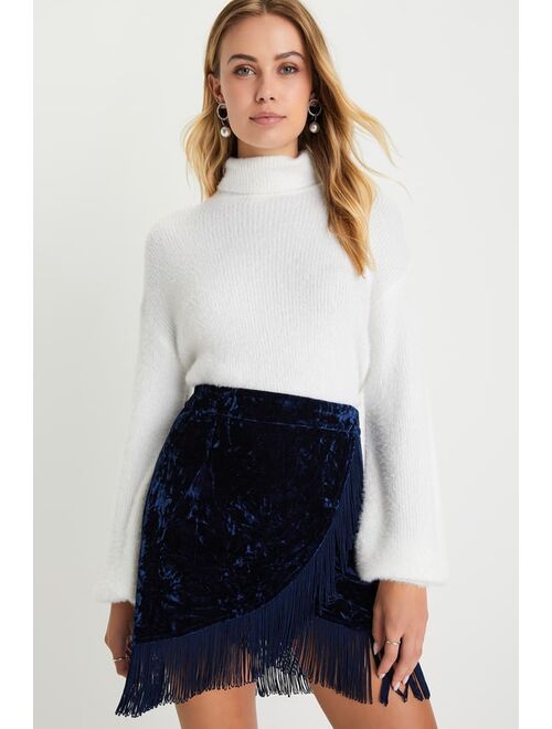 Lulus Luxe Wishes Navy Blue Crushed Velvet Fringe Mini Skirt