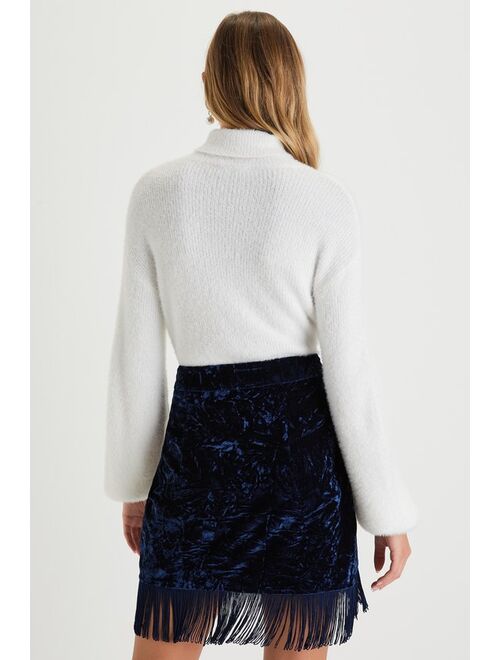 Lulus Luxe Wishes Navy Blue Crushed Velvet Fringe Mini Skirt