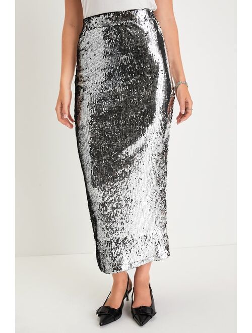 Lulus Dazzling Appearance Silver Sequin High Rise Midi Skirt