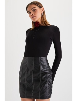Edgy Icon Black Vegan Leather High-Rise Mini Skirt