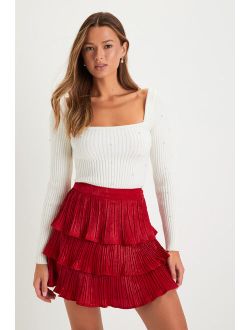 Treasured Sweetie Red Satin Plisse Tiered Mini Skirt