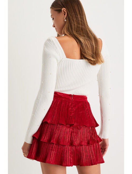 Lulus Treasured Sweetie Red Satin Plisse Tiered Mini Skirt