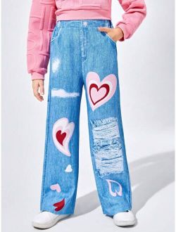 Tween Girl Heart Print Ripped Wide Leg Pants