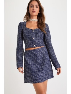 Executive Aesthetic Shiny Navy Blue Tweed Mini Skirt