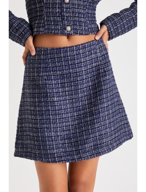 Lulus Executive Aesthetic Shiny Navy Blue Tweed Mini Skirt