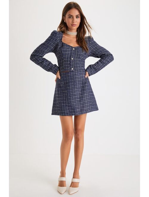 Lulus Executive Aesthetic Shiny Navy Blue Tweed Mini Skirt