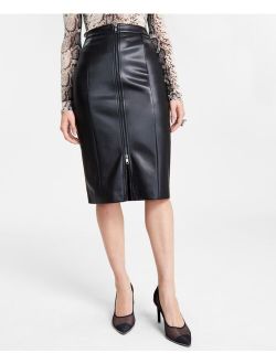 Women's Faux-Leather Zip-Front Midi Skirt, Created for Macy's