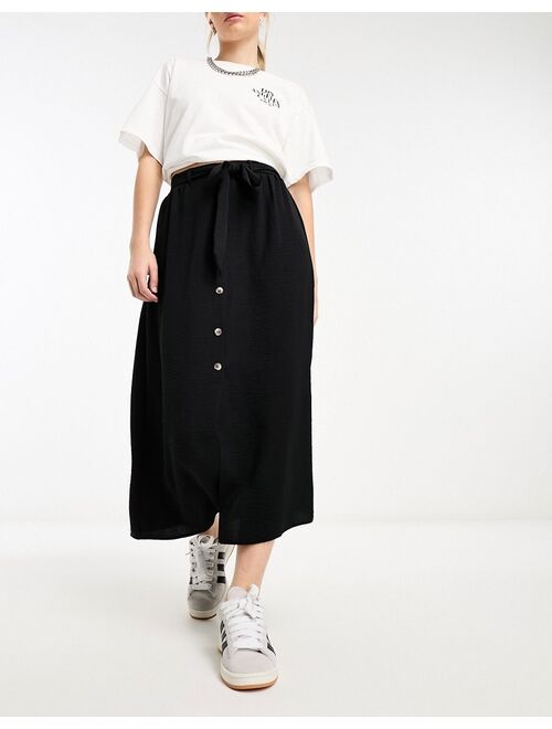 ASOS DESIGN button through midi skirt with tie waist in black