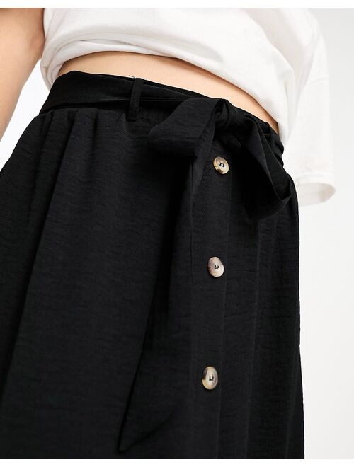 ASOS DESIGN button through midi skirt with tie waist in black
