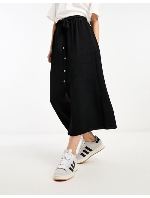 ASOS DESIGN button through midi skirt with tie waist in black