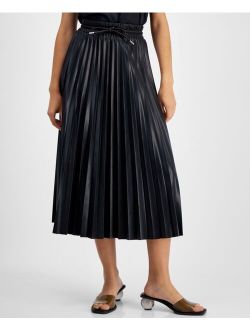 AVEC LES FILLES Women's Faux-Leather Plisse Pleated Midi Skirt