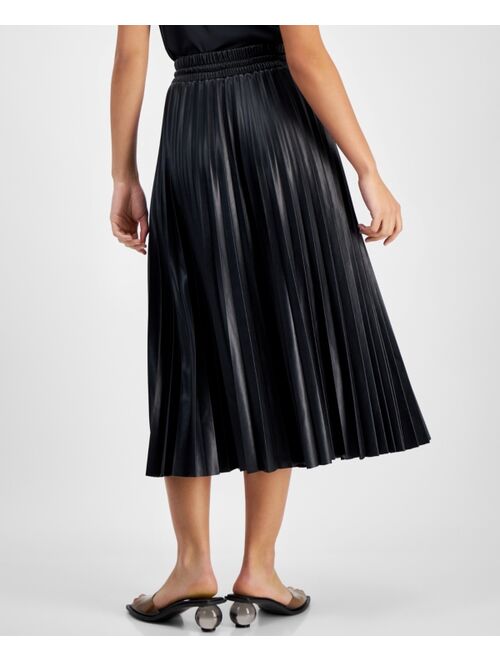AVEC LES FILLES Women's Faux-Leather Plisse Pleated Midi Skirt