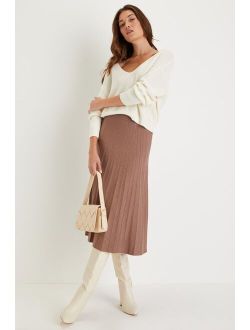 Simply Excellent Heather Taupe Plisse Pleated Midi Sweater Skirt
