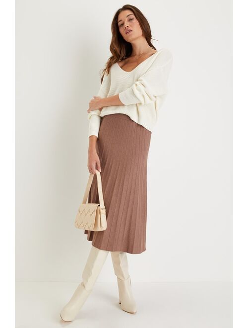 Lulus Simply Excellent Heather Taupe Plisse Pleated Midi Sweater Skirt