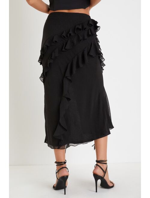 Lulus Stunning Scenario Black Chiffon Ruffled Asymmetrical Midi Skirt