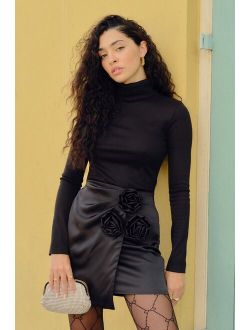 Rosy Company Black Satin Rosette Faux-Wrap Mini Skirt