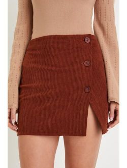 Fall-Worthy Cutie Rust Brown Corduroy Button-Front Mini Skirt