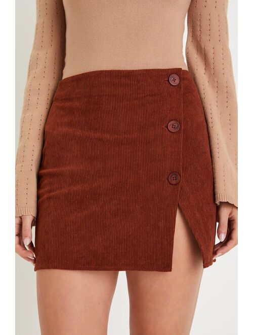 Lulus Fall-Worthy Cutie Rust Brown Corduroy Button-Front Mini Skirt