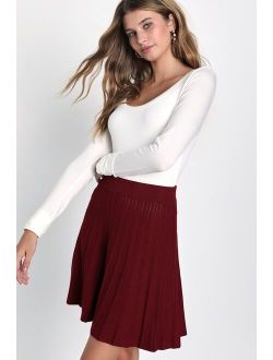 Chic Vision Burgundy Plisse Pleated Sweater Mini Skater Skirt