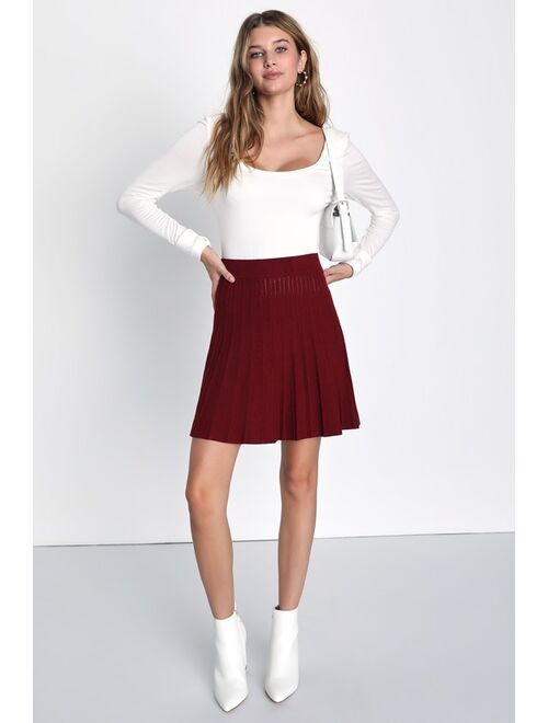 Lulus Chic Vision Burgundy Plisse Pleated Sweater Mini Skater Skirt