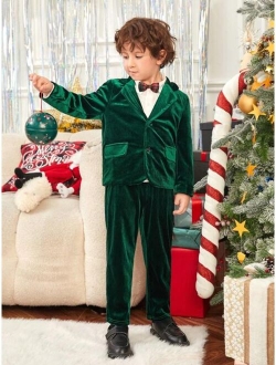 SHEIN Young Boy Single Breasted Velvet Blazer & Pants & Bow Tie Shirt for Christmas