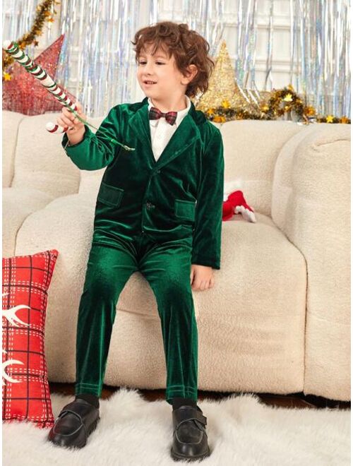 SHEIN Young Boy Single Breasted Velvet Blazer & Pants & Bow Tie Shirt for Christmas