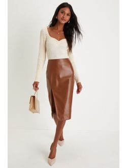Mireya Brown Vegan Leather Pencil Skirt