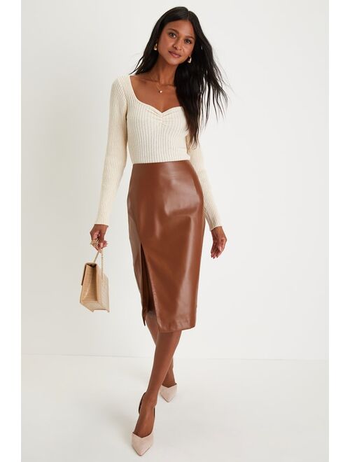 Lulus Mireya Brown Vegan Leather Pencil Skirt