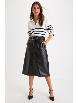 Edgy Charm Black Vegan Leather High-Waisted Midi Skirt