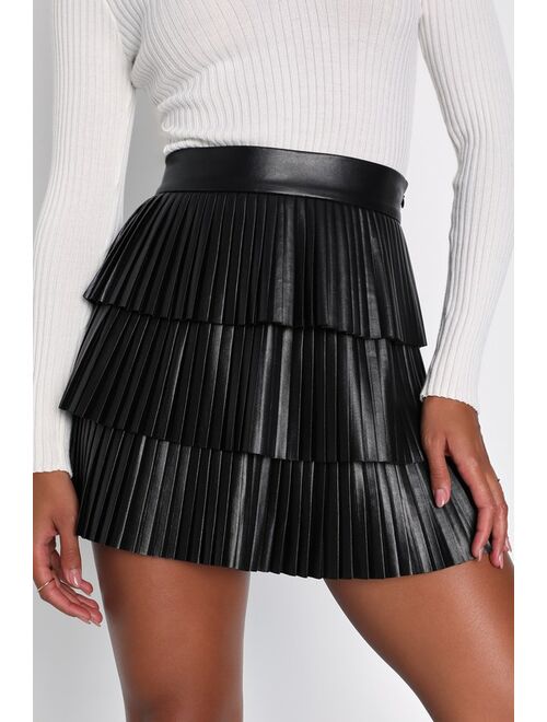 Lulus Bold Charm Black Vegan Leather Plisse Pleated Tiered Mini Skirt