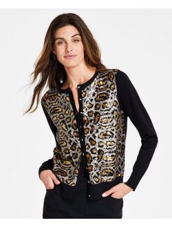 JM COLLECTION Women's Leopard Sequin Party Cardigan Sweater, Created for Macy's
