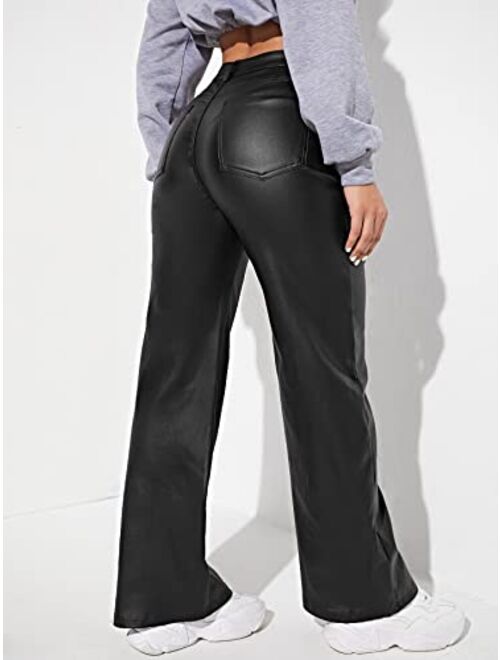 MakeMeChic Women's High Waist Pockets Straight Leg Jeans Leather Look Pants